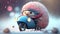 3D rendering of a cute hedgehog riding a motorcycle in the snow