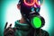 3D rendering a cyberpunk girl in futuristic gas mask with protective green glasses and filters.