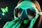 3D rendering a cyberpunk girl in futuristic gas mask with protective green glasses and filters in jacket