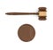 3d rendering of an dark wood judge gavel and sound block in top view.