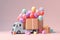 3D rendering of a delivery truck with gifts and balloons on a pink background