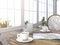 3d rendering depth of field coffee set with newspaper in bright white room with sun glare near the garden