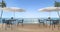 3d rendering dining set on wood terrace near sea in summer with umbrella beach