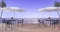 3d rendering dining set on wood terrace near sea in summer with umbrella beach in twilight scene