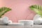 3d Rendering Double Step Podium Stand, Pink Pastel, Nature Rock Palm Scene Background