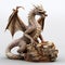 3D rendering of a dragon statue made of wood on a white background.