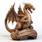 3D rendering of a dragon statue made of wood on a white background.