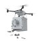 3d rendering of drone with camera carrying unlocked light gray money safe, with dollar bills falling out, isolated on