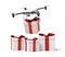 3d rendering of drone with camera delivering white present tied with red ribbon on top of three other presents standing