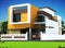 3D rendering of a duplex house exterior design with orange color components