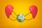 3d rendering of earth globe chained between two red broken heart pieces on yellow background. Ecology and environment