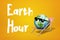 3d rendering of earth globe model wearing sunglasses and having rest on beach chair with `Earth Hour` sign on yellow