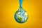 3d rendering of earth globe stuck to blue sticky slime on yellow background