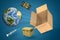 3d rendering of Earth, radioactive waste barrel, trash can, and syringe flying out of brown cardboard box on blue