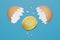 3D rendering Eggs cracked with gold Bitcoin BTC, Cryptocurrency new investment technology digital money concept design on blue