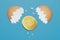 3D rendering Eggs cracked with gold Tether USDT, Cryptocurrency new investment technology digital money concept design on blue