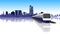 3D Rendering Electric Train on the Rails with Downtown City Background.