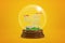 3d rendering of empty supermarket trolley inside glass ball globe on amber background.