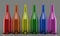 3d rendering. empty transparent LGBT rainbow color wine bottle glass row on gray background