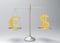 3d rendering. An equality of Golden Euro and Dollar currency sign on Silver balance scale