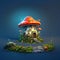 3d rendering of fairy tale little cottage in shape of mushroom in blue background