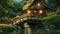 3D rendering of a fantasy fairy tale house with a pond, Fairy house on the river and wooden bridge, AI Generated