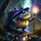 3D rendering of a fantasy frog in an aquarium with a magic lamp AI generated animal ai