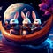 3D rendering of a fantasy scene with a group of rabbits in a boat Generative AI