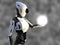 3D rendering of a female android robot holding energy sphere.