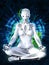 3D rendering of female robot meditating, technology concept.