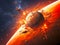 3d rendering fiery meteor flying in galaxy space crashing into planet