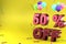 3d rendering of Fifty Percent Off, Different Ballon Color and Yellow Theme