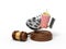 3d rendering of film reel, popcorn bucket, and clapperboard suspended in air above sound block with gavel beside.