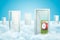 3d rendering of five doors standing on fluffy clouds, one door leading to green lawn with big red alarm clock on it.