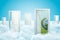 3d rendering of five doors standing on fluffy clouds, one door leading to green lawn with small planet Earth on grass.