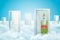 3d rendering of five doors standing on fluffy clouds, one door leading to red and grey space rocket standing on green