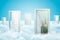 3d rendering of five doors standing on fluffy clouds, one door opening onto asphalt road leading to modern city with