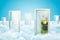 3d rendering of five doorways standing on white fluffy clouds, one door leading to green lawn with tophat and colorful