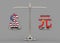 3d rendering. flag color US dollar and chinese yuan currency sign comparing on balance scale