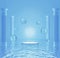 3d rendering floating podium and water drops above blue ocean. surrounded by columns Minimal light blue color scheme. Moisturizer