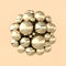 3d rendering of floating polished golden metal spheres on beige background. Abstract geometric composition. Group of balls in