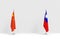 3d rendering. folding China and Taiwan national flags pole podium on white cement stage wall background.