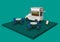 3d rendering of Food truck with table and chair. 3d minimal concept for street food, mobile fast food seller or business food