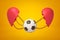 3d rendering of football ball chained between two red broken heart pieces on yellow background