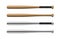 3d rendering of four baseball bats made of wood and steel, with and without handle-wraps in horizontal view.