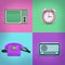 3d rendering of four contrast background squares with a retro phone, a radio, a TV set and an alarm clock.