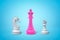3d rendering of fuchsia color chess king standing between white horse and pawn, all with cartoon faces, on light blue