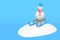 3d rendering of a funny snowman on a children`s sled slides off a snow slide. Illustration on a blue background