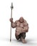 3D rendering of a giant ogre fantasy creature kneeling with a spear in his right hand isolated on a white background