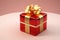 3D Rendering of a Glass Gift Box with a Golden Bow on a Striking Red Background.